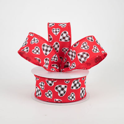 1.5" Buffalo Check Heart Ribbon: Red (10 Yards)