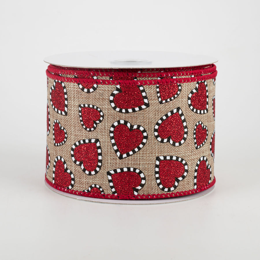2.5" Dashed Edge Glitter Heart Ribbon: Natural (10 Yards)