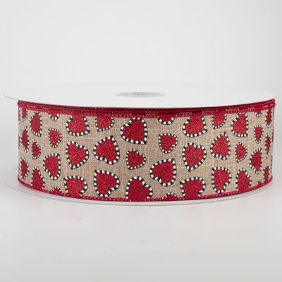 2.5" Dashed Edge Glitter Heart Ribbon: Natural (50 Yards)