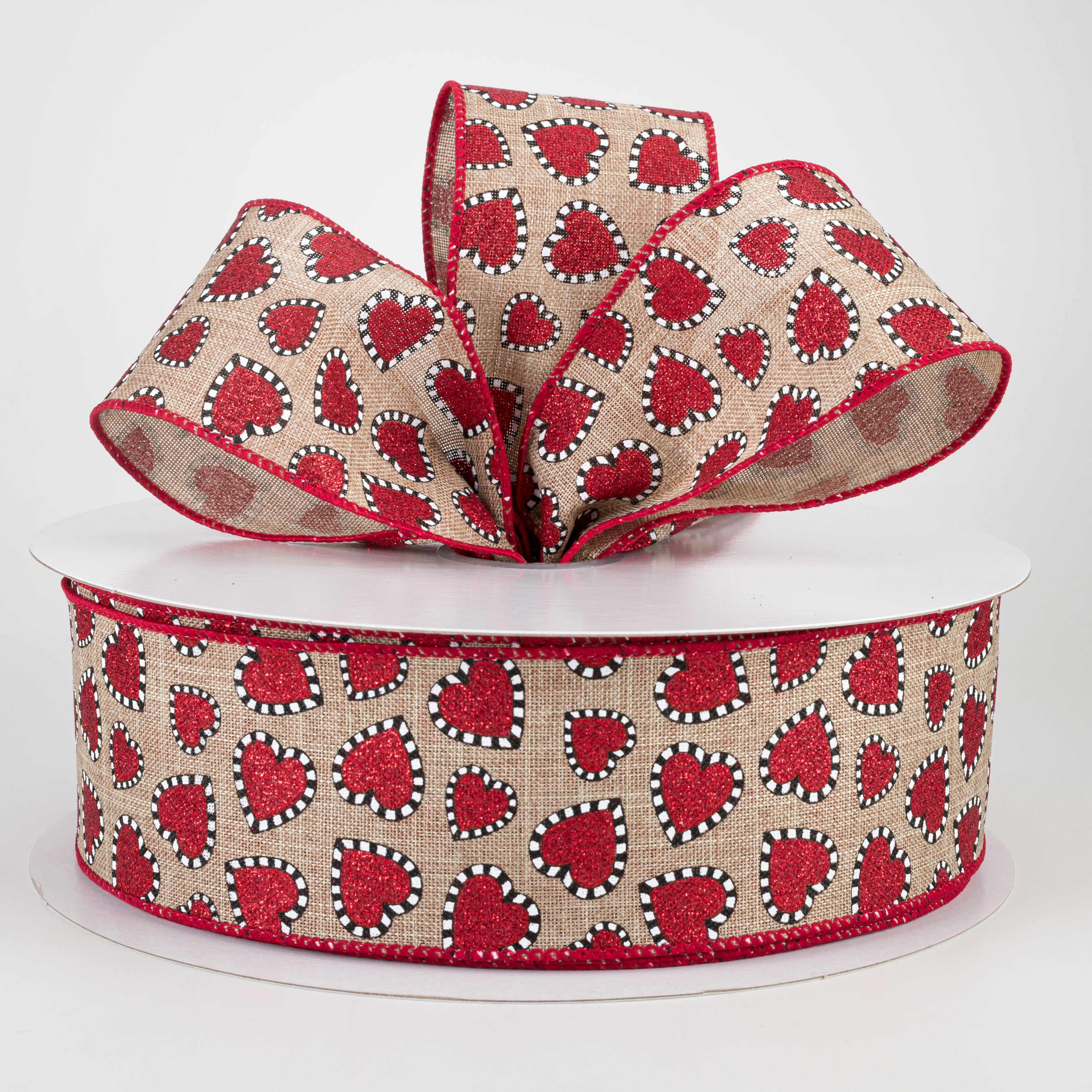 2.5" Dashed Edge Glitter Heart Ribbon: Natural (50 Yards)