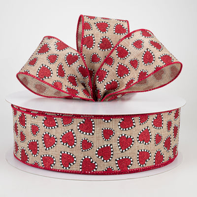 2.5" Dashed Edge Glitter Heart Ribbon: Natural (50 Yards)