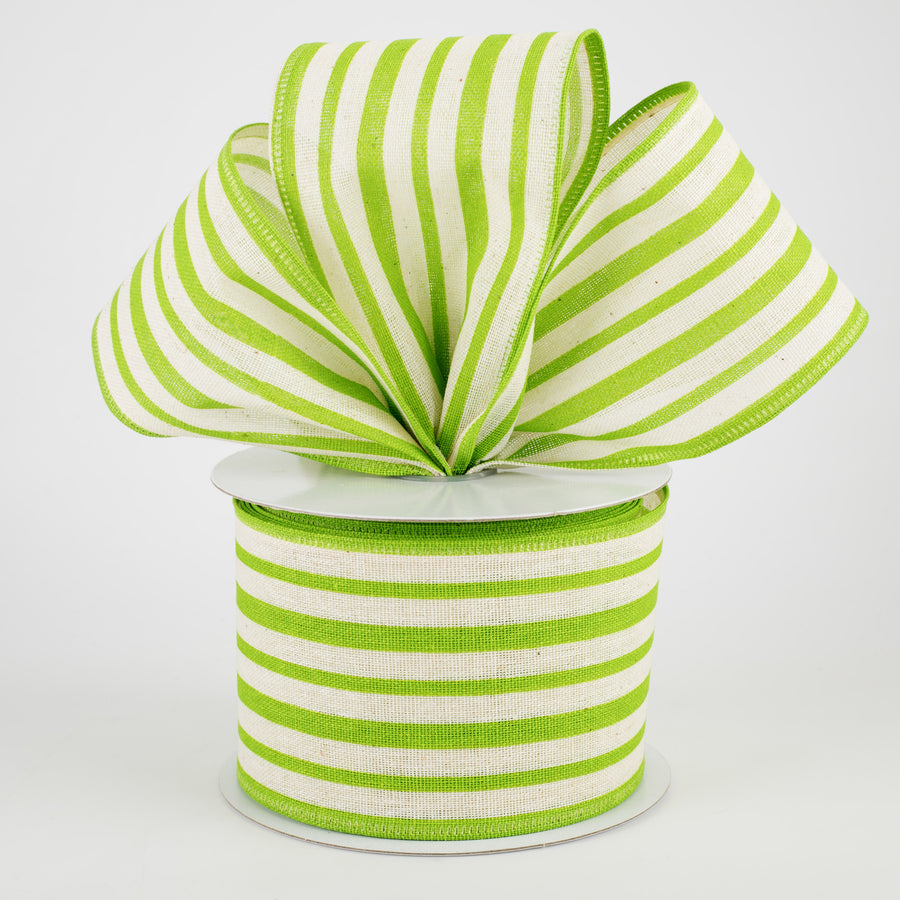 2.5" Vertical Variated Stripes Ribbon: Ivory & Green (10 Yards)