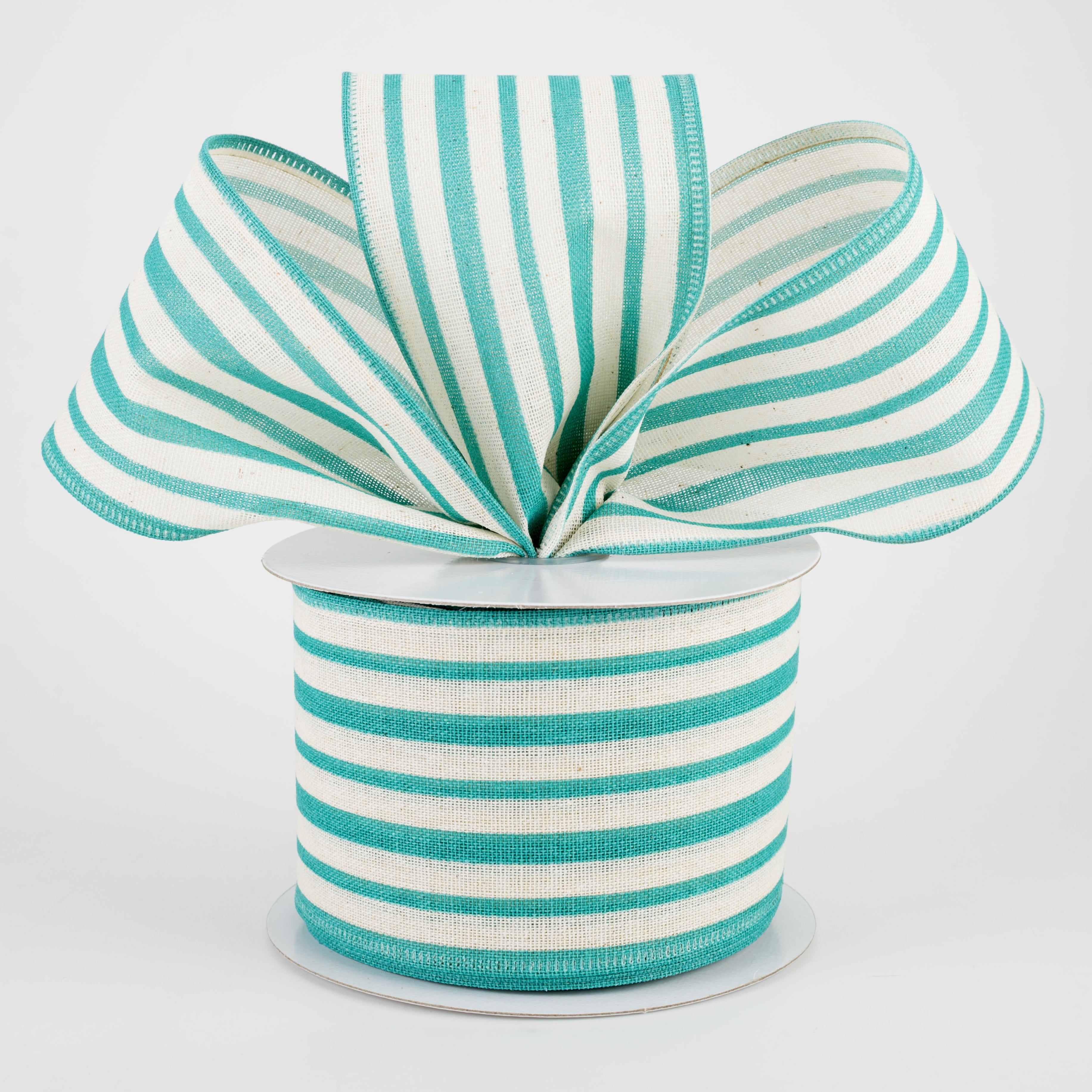 2.5" Vertical Variated Stripes Ribbon: Ivory & Teal (10 Yards)