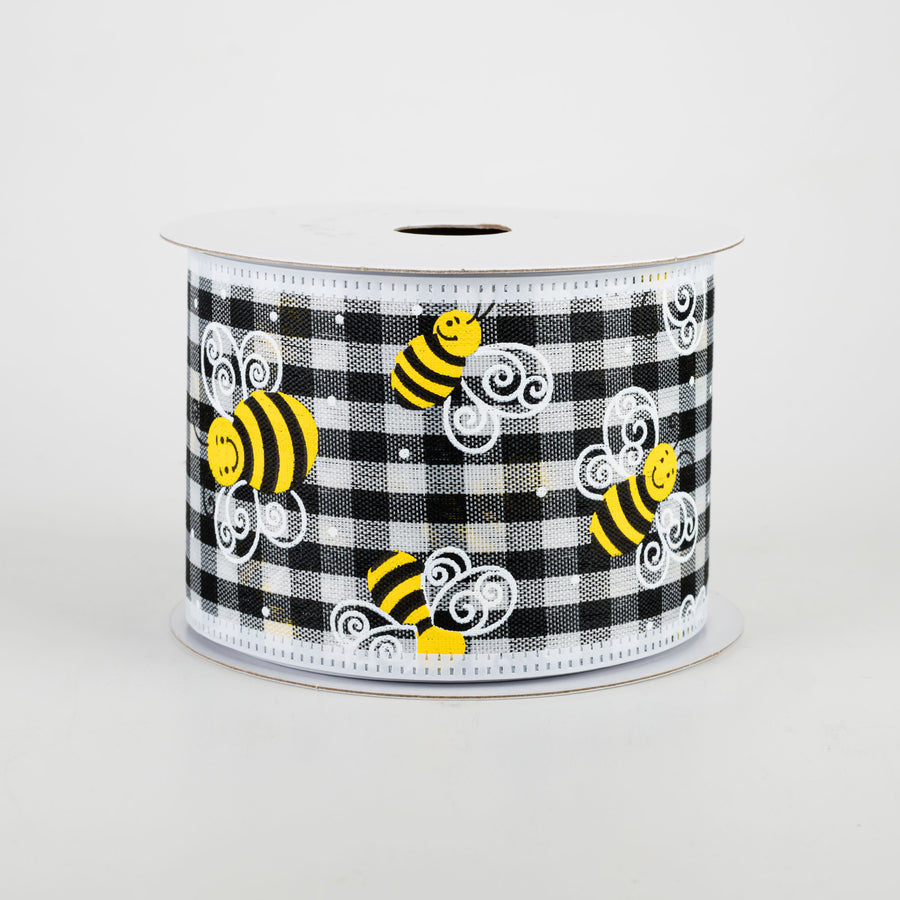 2.5" Gingham Bee Ribbon With White Edge (10 Yards)
