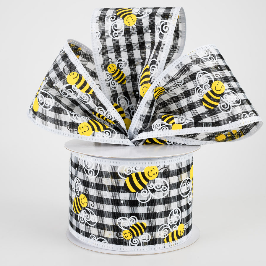 2.5" Gingham Bee Ribbon With White Edge (10 Yards)