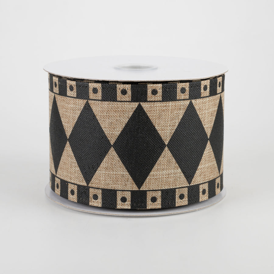 2.5" Harlequin Fun Diamond Ribbon: Natural & Black (10 Yards)