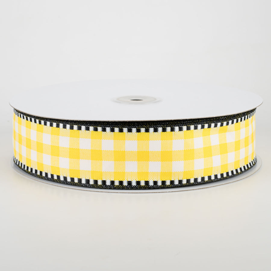 1.5" Dashed Edge Check Plaid Ribbon: Yellow & White (50 Yards)