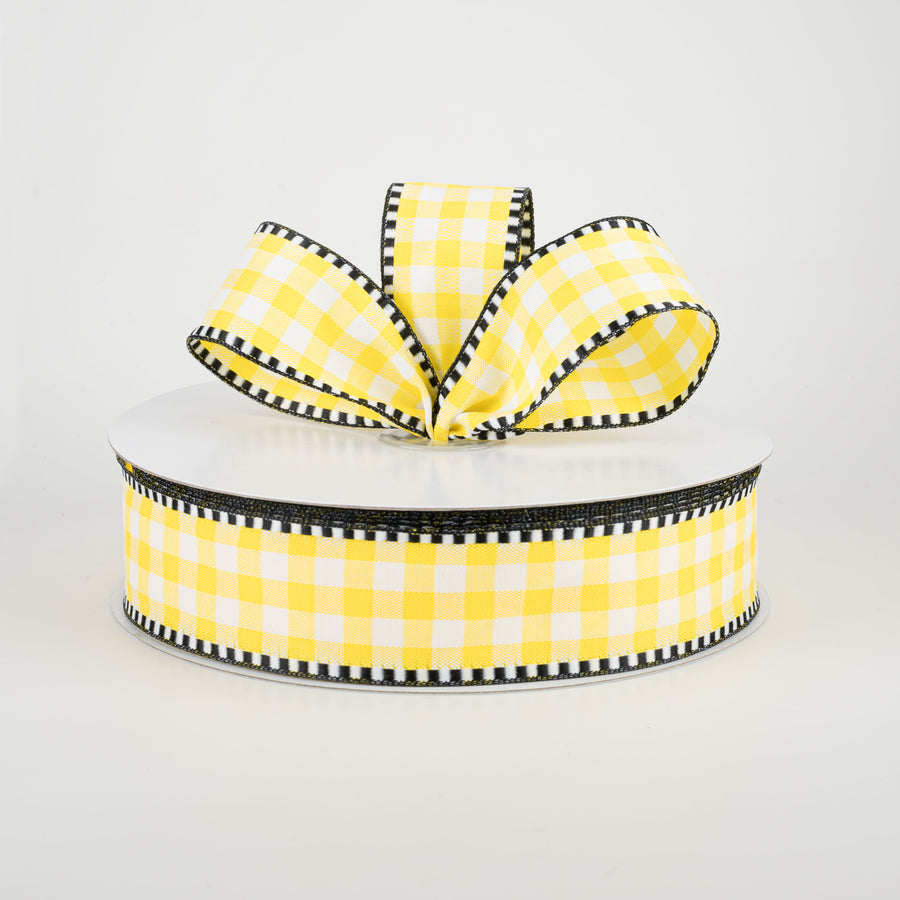 1.5" Dashed Edge Check Plaid Ribbon: Yellow & White (50 Yards)