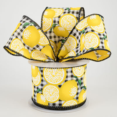 2.5" Gingham Lemons Ribbon: Black (10 Yards)