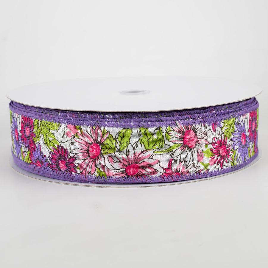 1.5" Watercolor Daisies Ribbon: Pink & Purple (50 Yards)