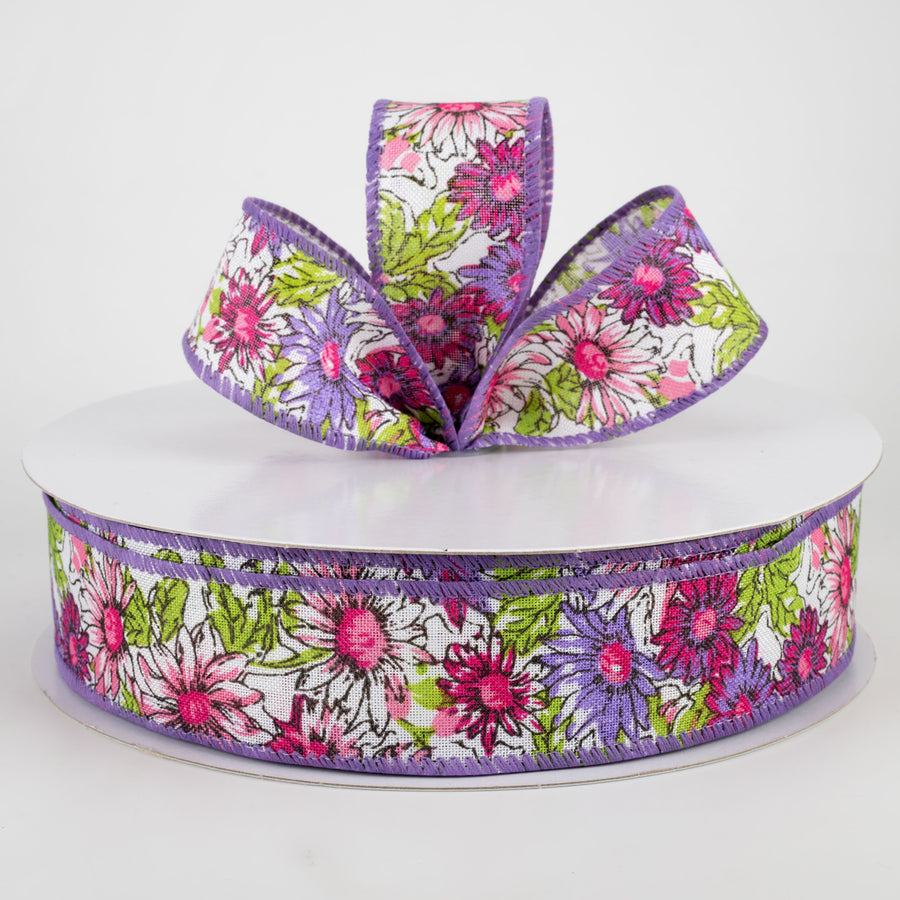 1.5" Watercolor Daisies Ribbon: Pink & Purple (50 Yards)