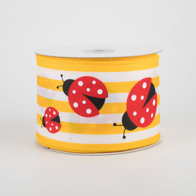 2.5" Ladybugs Cabana Stripe Ribbon: Yellow & White (10 Yards)