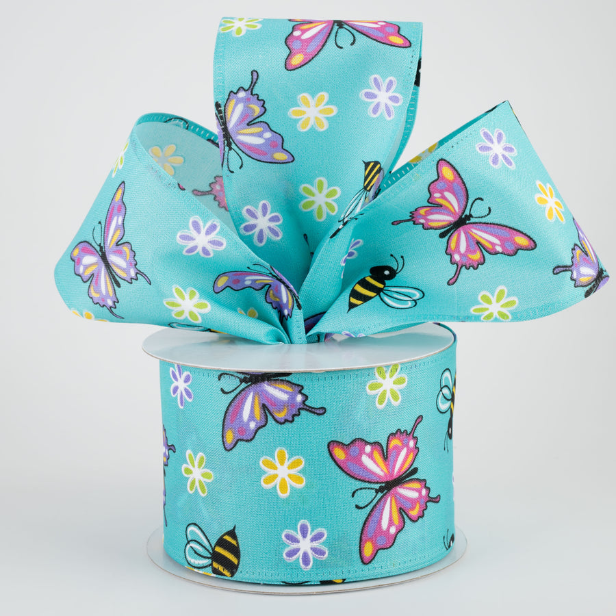 2.5" Butterflies & Bees Ribbon: Teal (10 Yards)