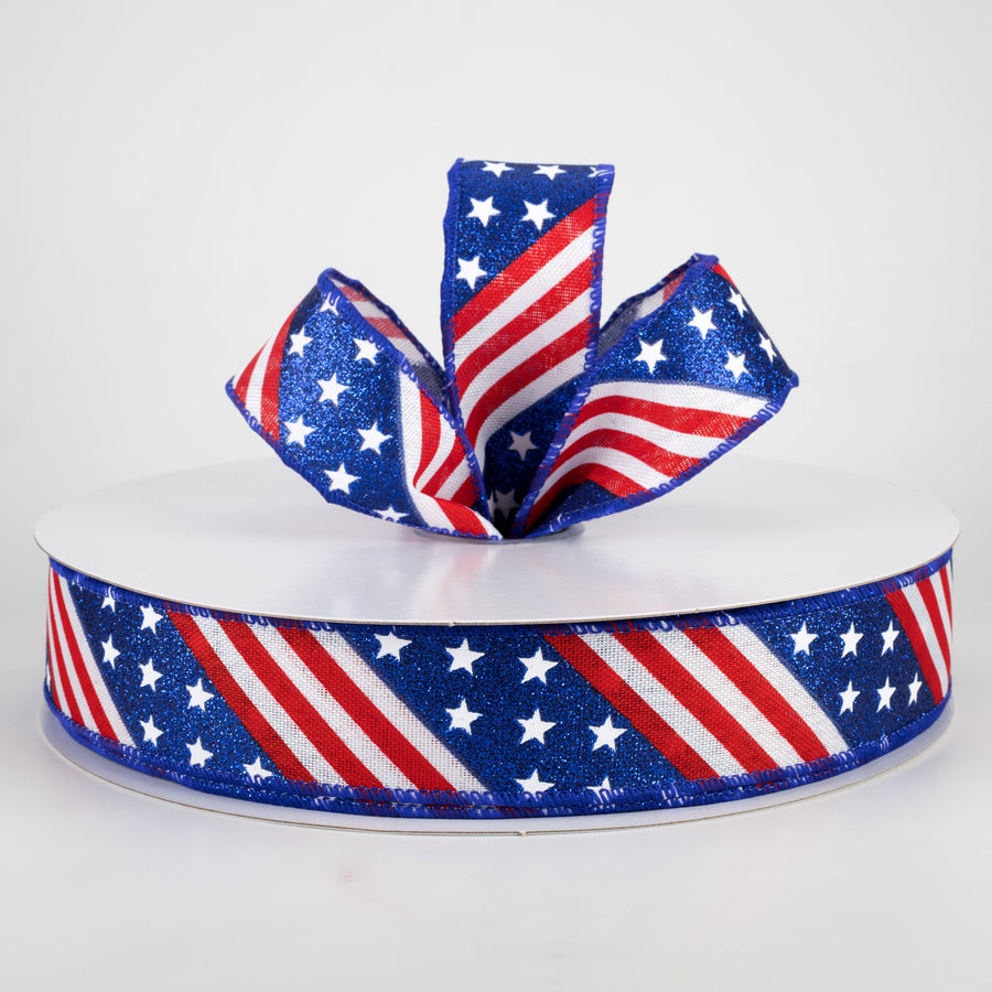 1.5" Patriotic Diagonal Stars & Stripes Ribbon (50 Yards)