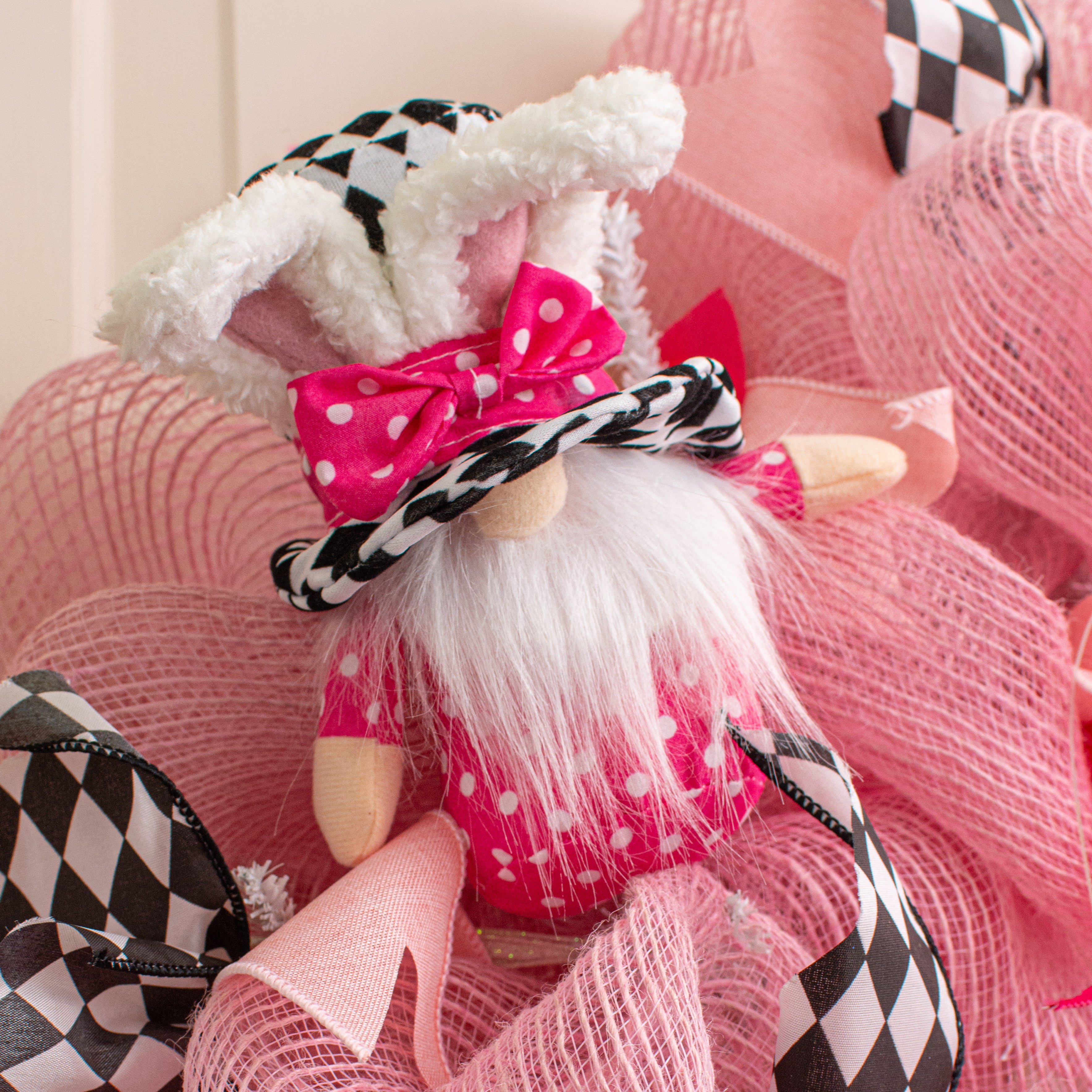 20" Bunny Harlequin Top Hat Gnome Pick: Fuchsia Pink