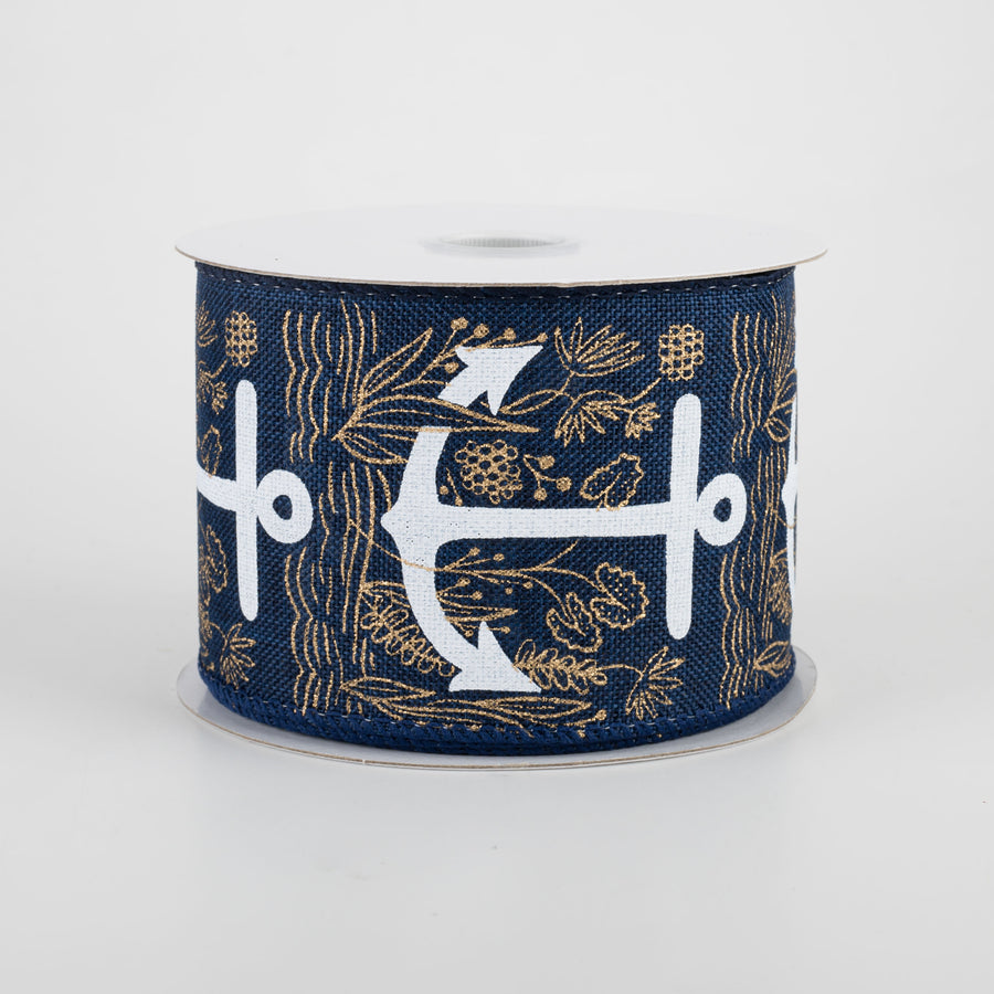 2.5" White Anchor Ribbon: Navy (10 Yards)