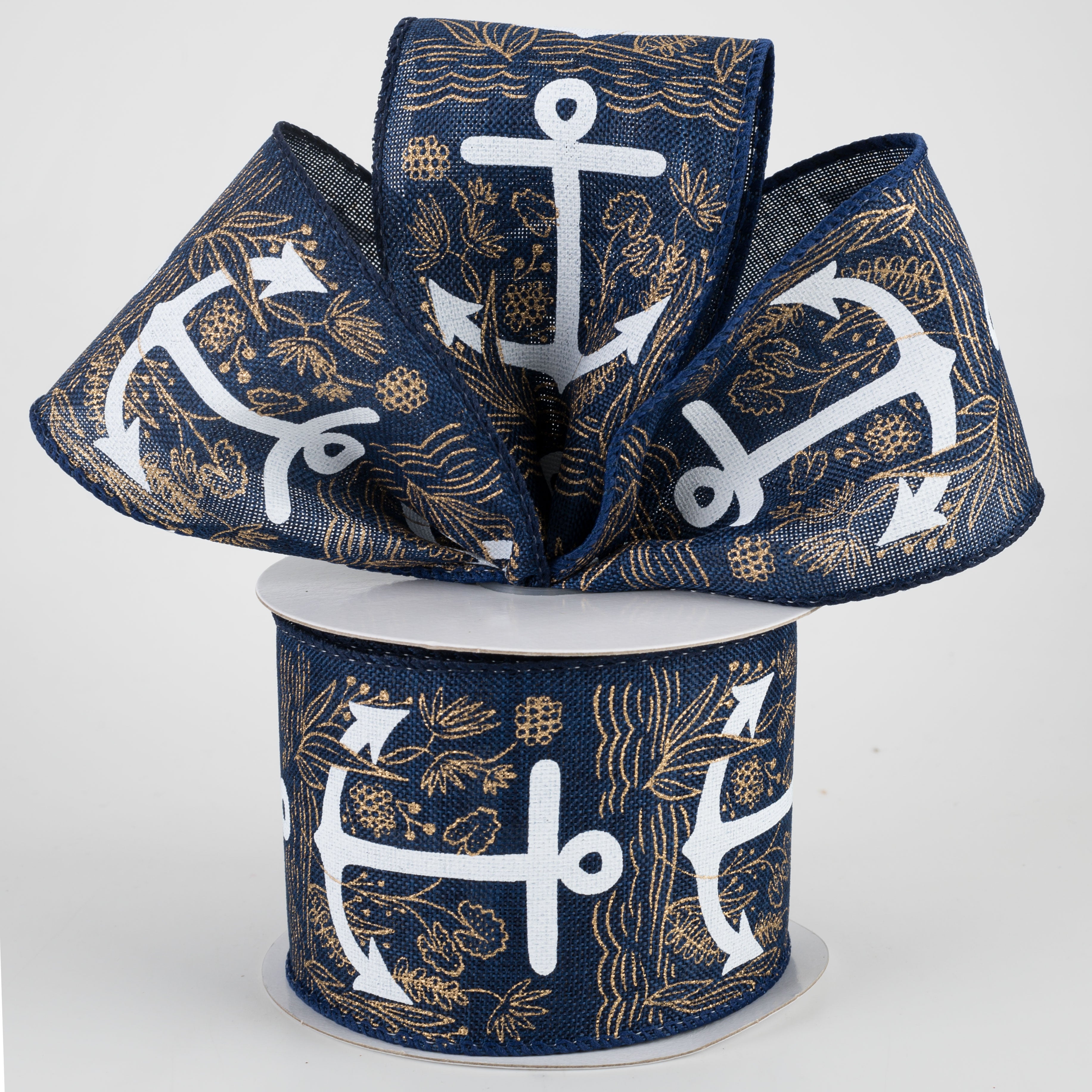 2.5" White Anchor Ribbon: Navy (10 Yards)