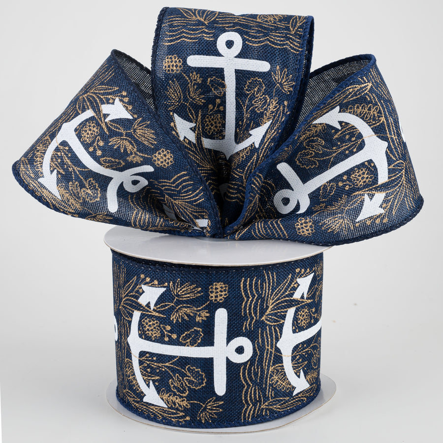 2.5" White Anchor Ribbon: Navy (10 Yards)