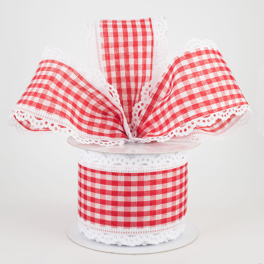 2.5" Gingham Scalloped Edge Ribbon: Red & White (10 Yards)