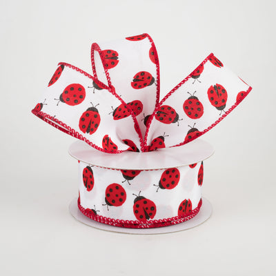 1.5" White Satin Ladybugs Ribbon (10 Yards)