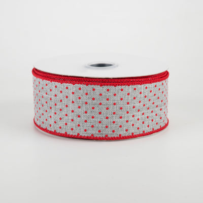 1.5" Swiss Dots Ribbon: Light Grey & Red (10 Yards)
