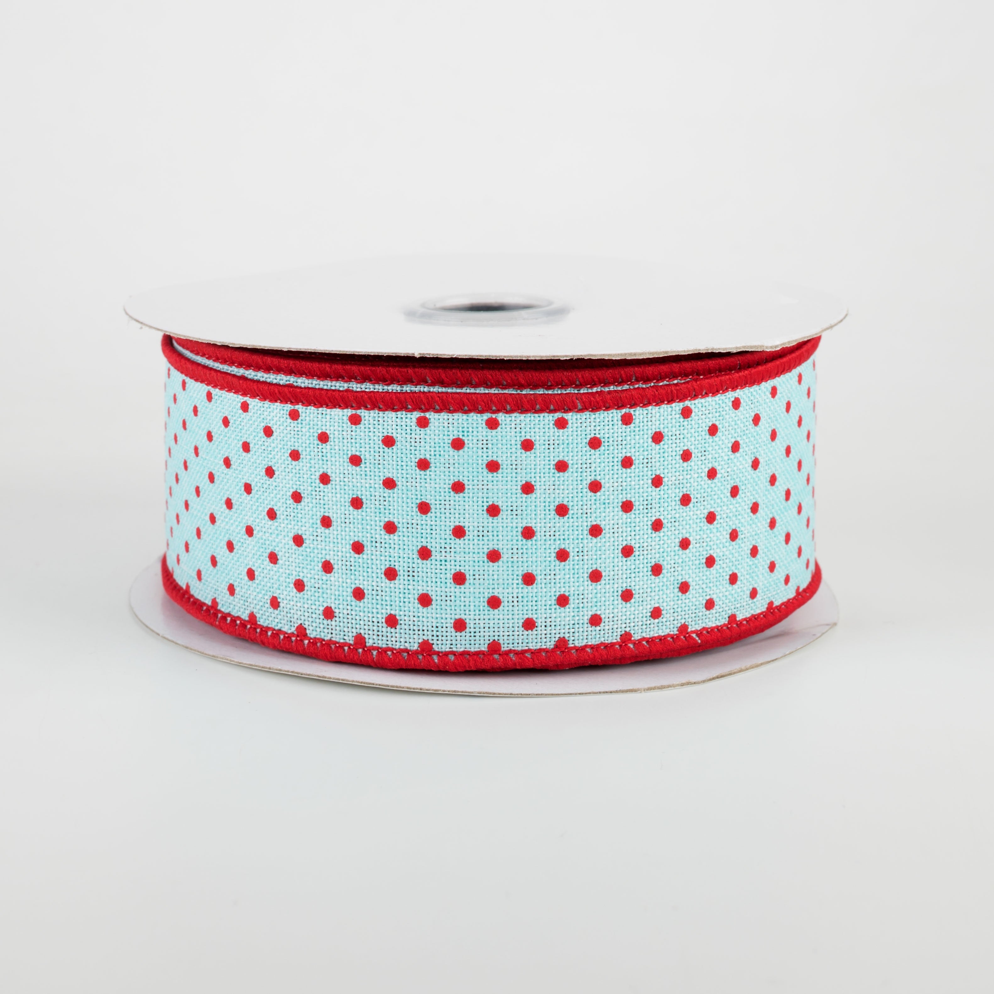 1.5" Swiss Dots Ribbon: Ice Blue & Red (10 Yards)