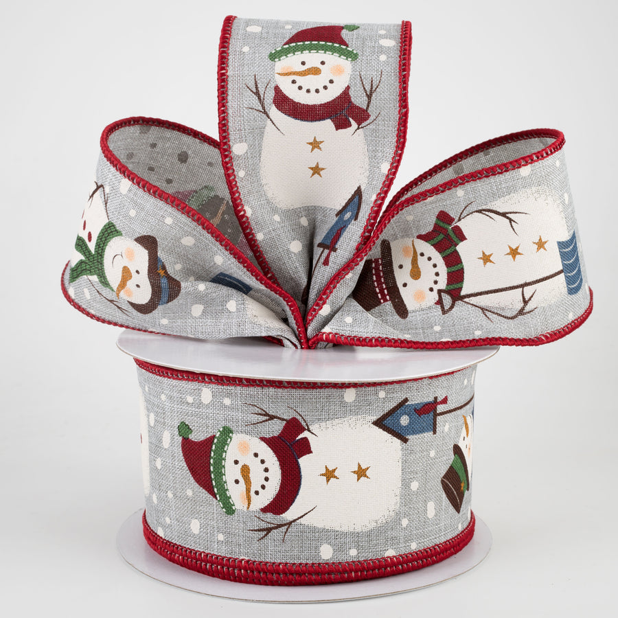 2.5" Rustic Snowmen Ribbon: Light Grey (10 Yards)