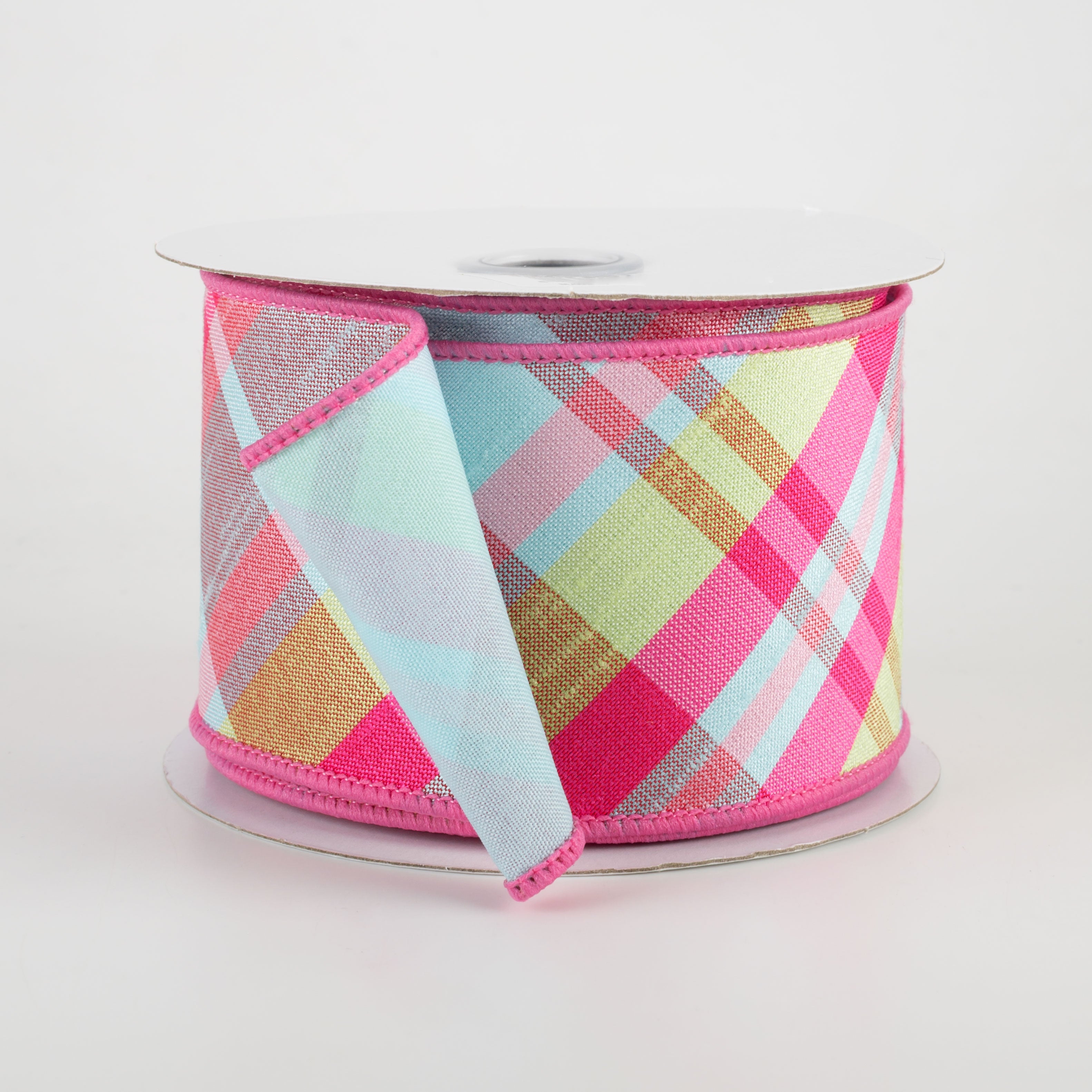2.5" Two Sided Diagonal Plaid & Solid Ribbon: Hot Pink, Lime, Robin's Egg Blue (10 Yards)