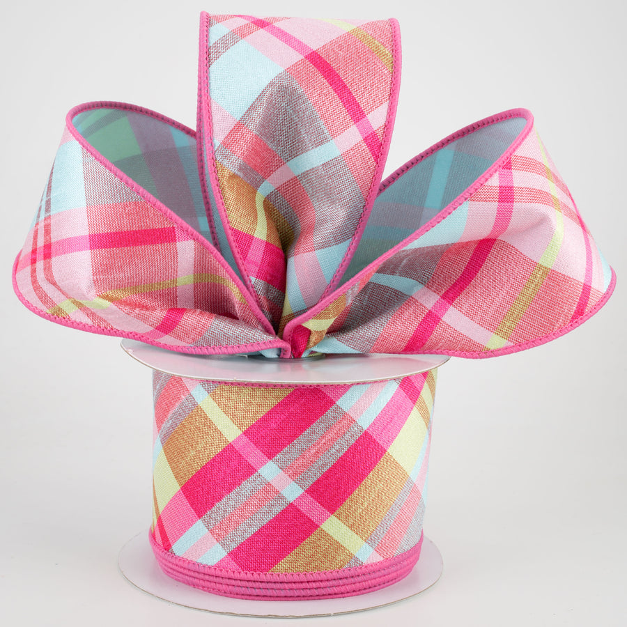 2.5" Two Sided Diagonal Plaid & Solid Ribbon: Hot Pink, Lime, Robin's Egg Blue (10 Yards)