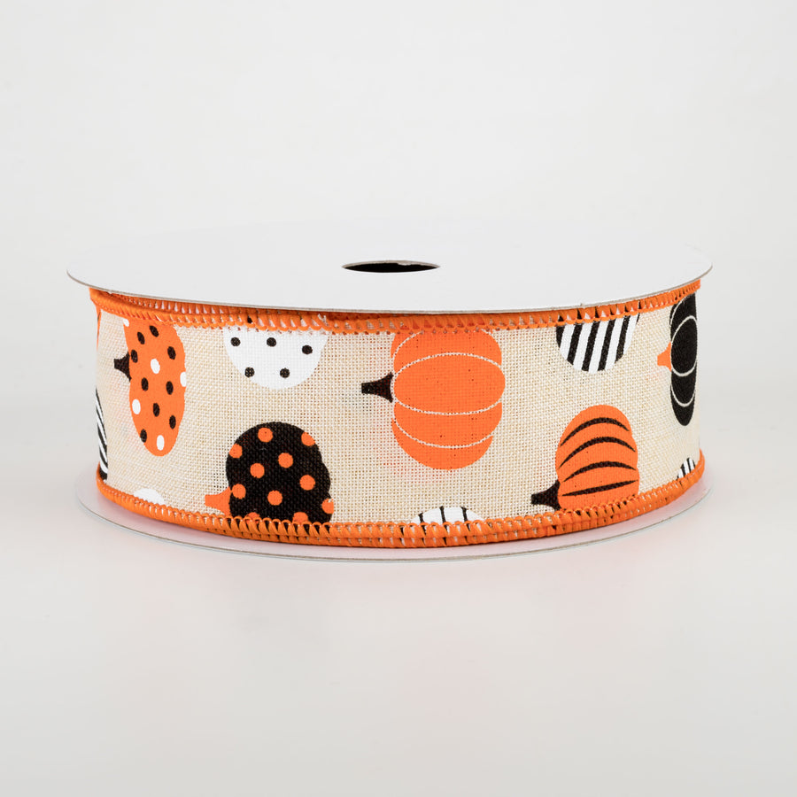 1.5" Patterned Pumpkins Ribbon: Cream, Orange, Black (10 Yards)
