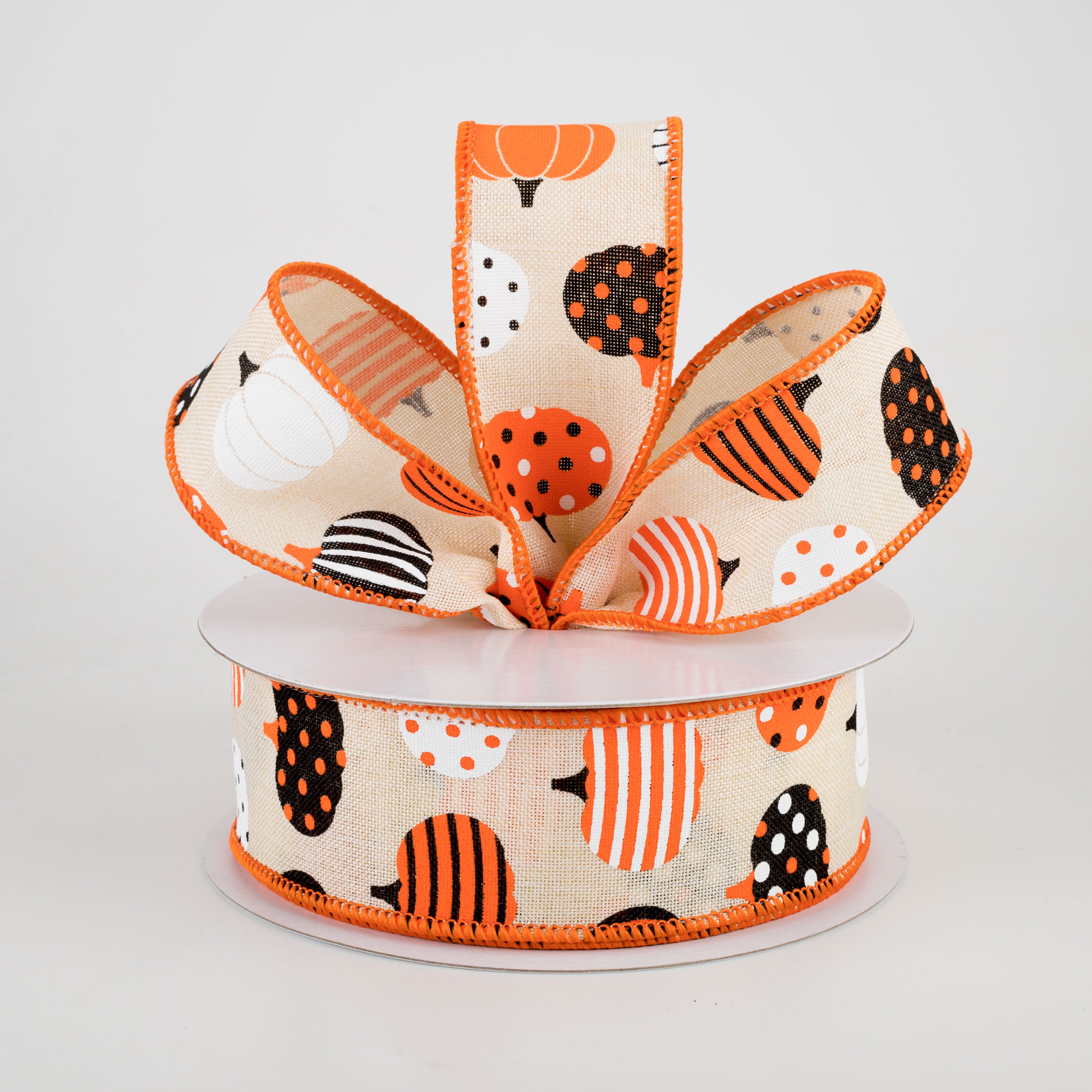 1.5" Patterned Pumpkins Ribbon: Cream, Orange, Black (10 Yards)