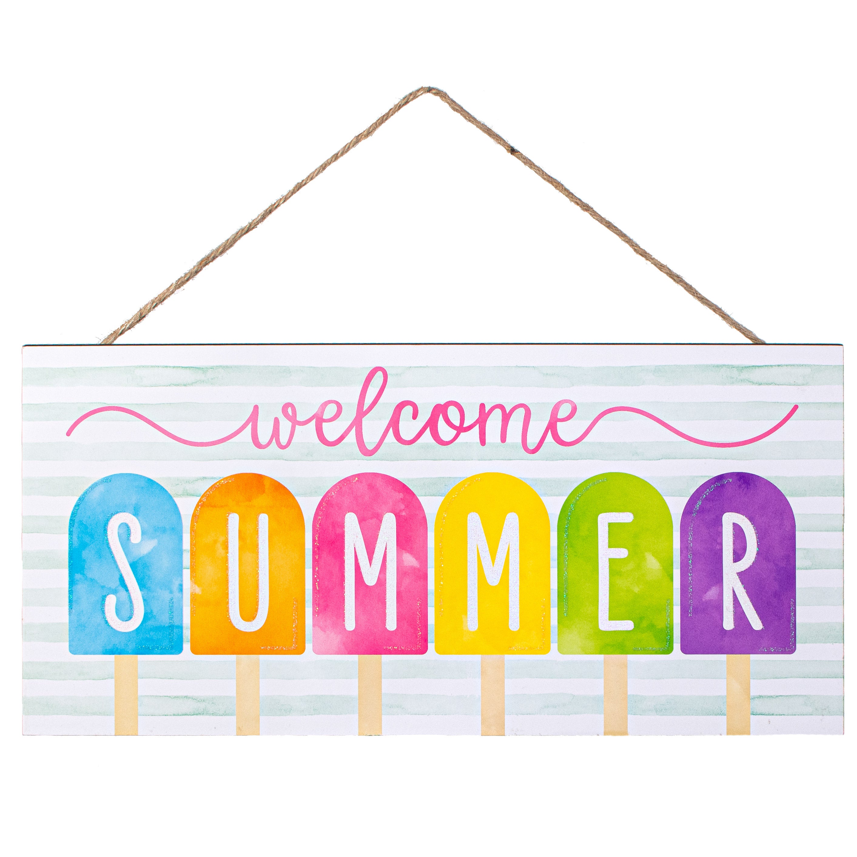 12" Wooden Sign: Welcome Summer Glitter Popsicles