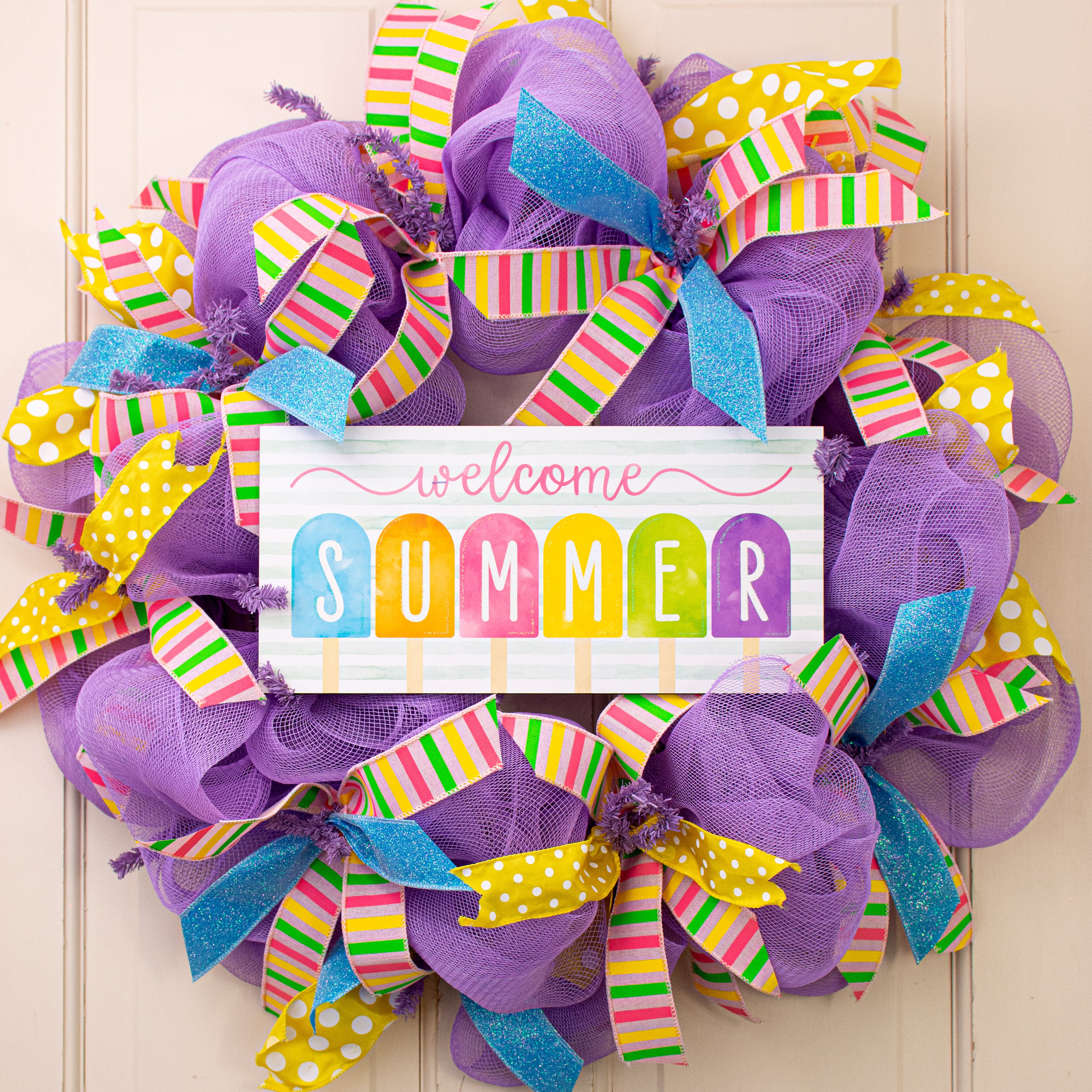12" Wooden Sign: Welcome Summer Glitter Popsicles