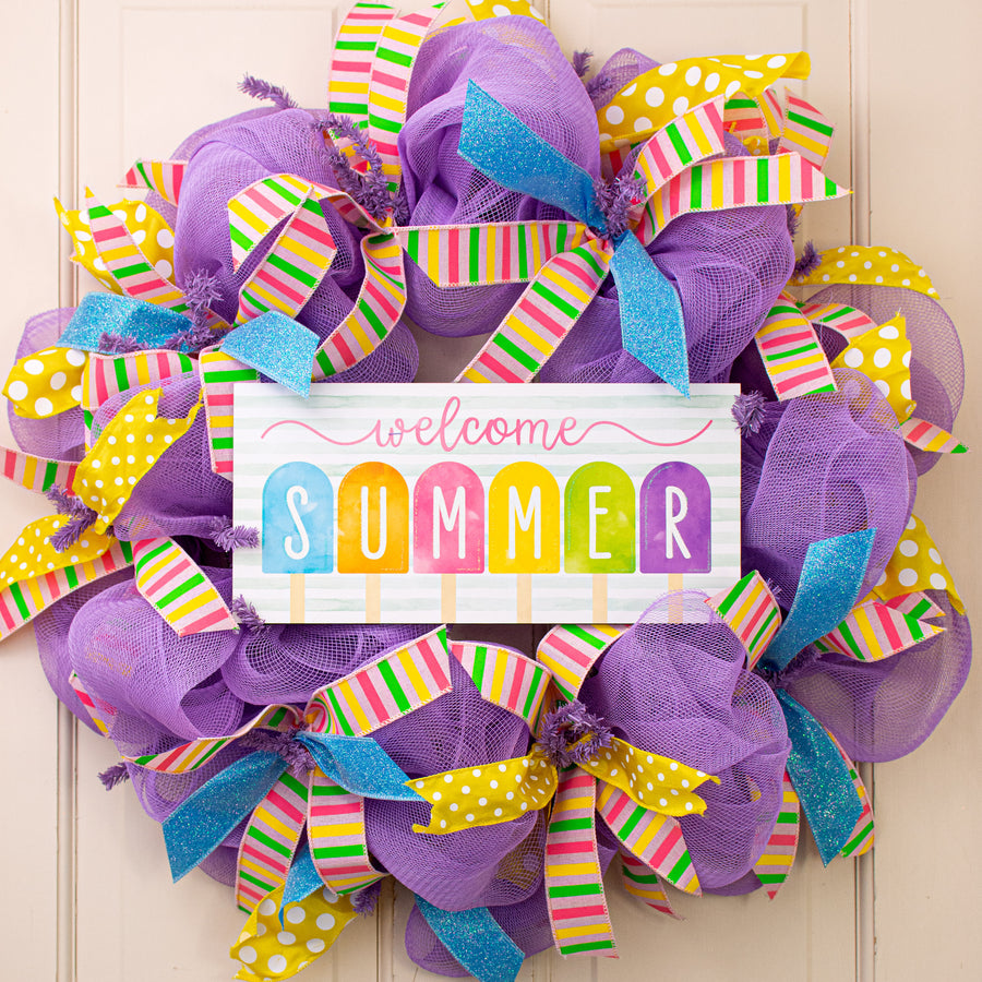 12" Wooden Sign: Welcome Summer Glitter Popsicles