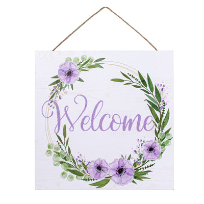 10" Square Wooden Sign: Glitter Welcome Floral Wreath White & Lavender