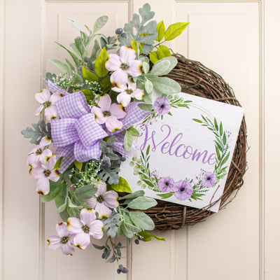 10" Square Wooden Sign: Glitter Welcome Floral Wreath White & Lavender