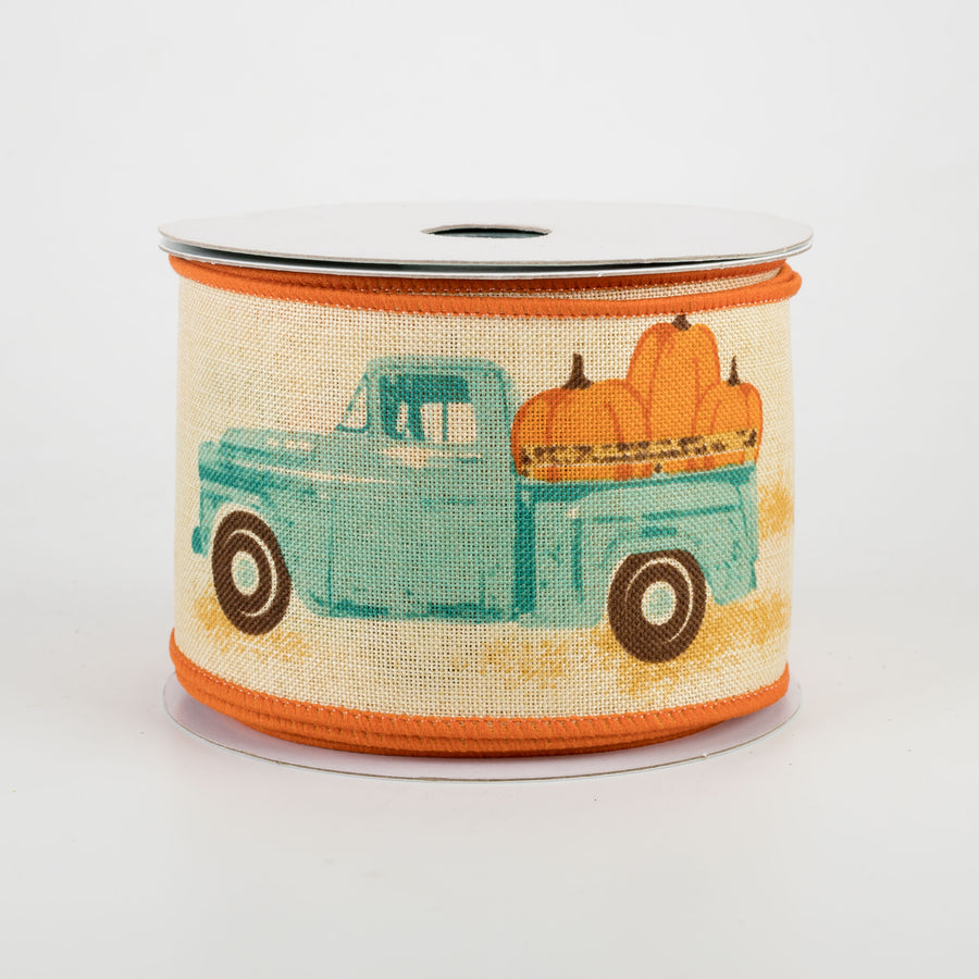 2.5" Vintage Truck With Pumpkins Ribbon: Tobacco & Teal (10 Yards)