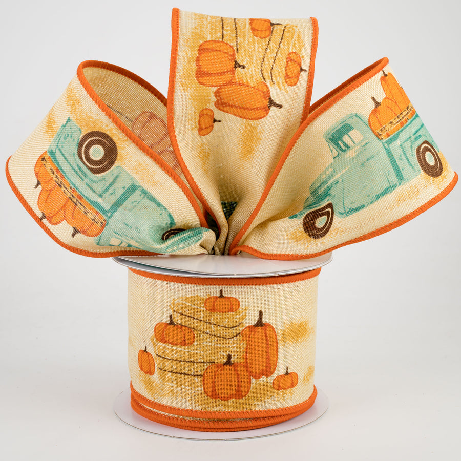 2.5" Vintage Truck With Pumpkins Ribbon: Tobacco & Teal (10 Yards)