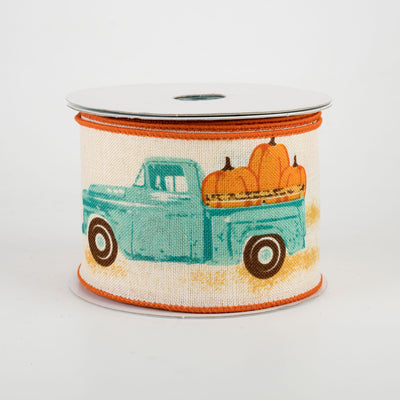 2.5" Vintage Truck With Pumpkins Ribbon: Cream & Teal (10 Yards)