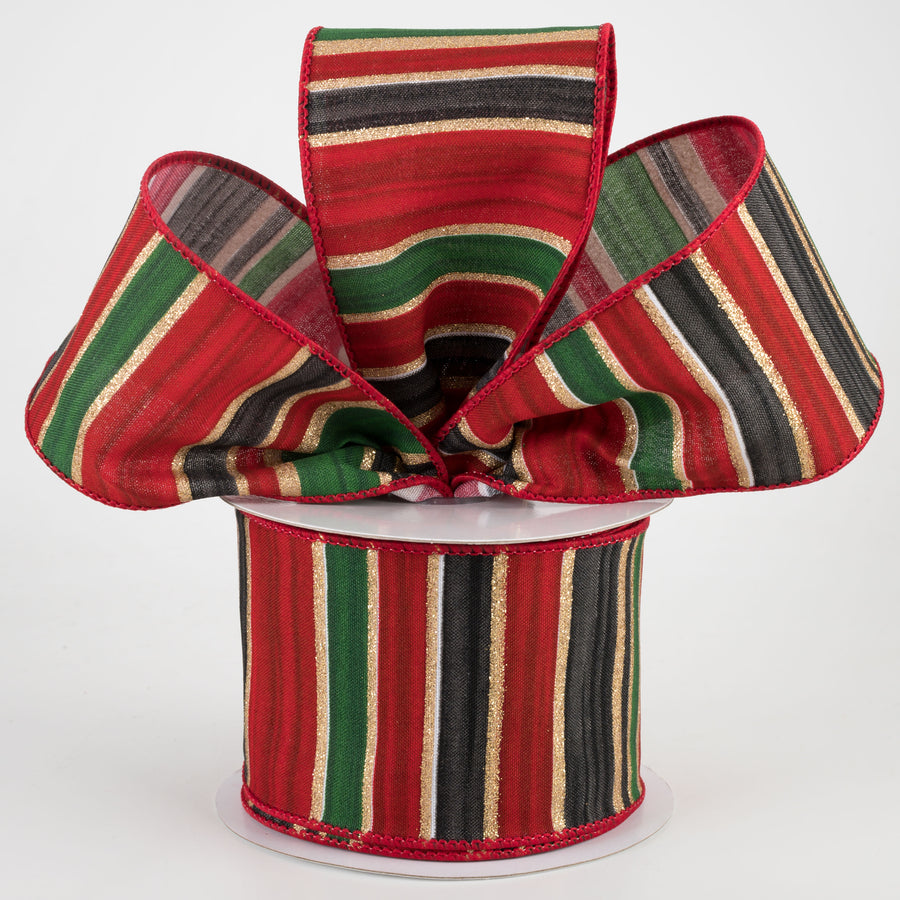 2.5" Multi Width Horizontal Stripe Ribbon: Gold, Red, Black, Emerald (10 Yards)