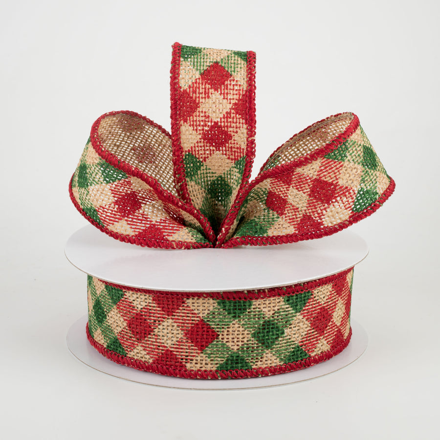 1.5" Diagonal Check Faux Burlap Ribbon: Natural, Red, Emerald (10 Yards)