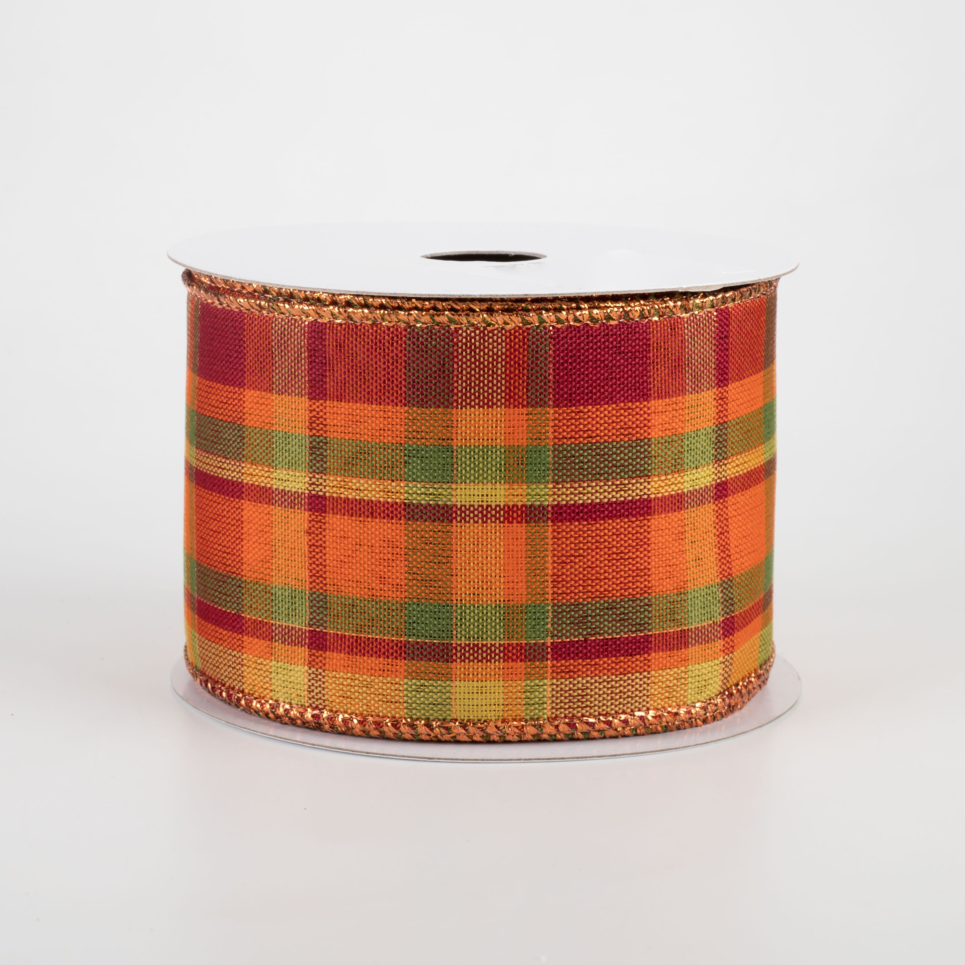 2.5" Woven Plaid With Metallic Thread Ribbon: Burgundy, Orange, Mustard, Green, Copper (10 Yards)