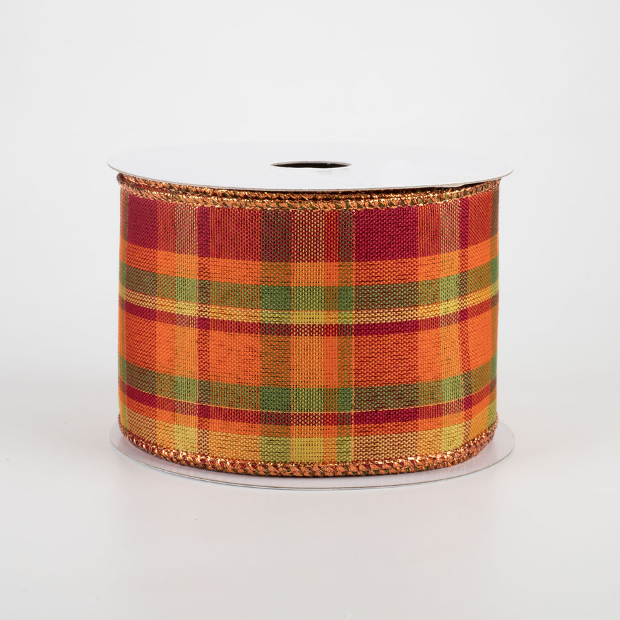 2.5" Woven Plaid With Metallic Thread Ribbon: Burgundy, Orange, Mustard, Green, Copper (10 Yards)