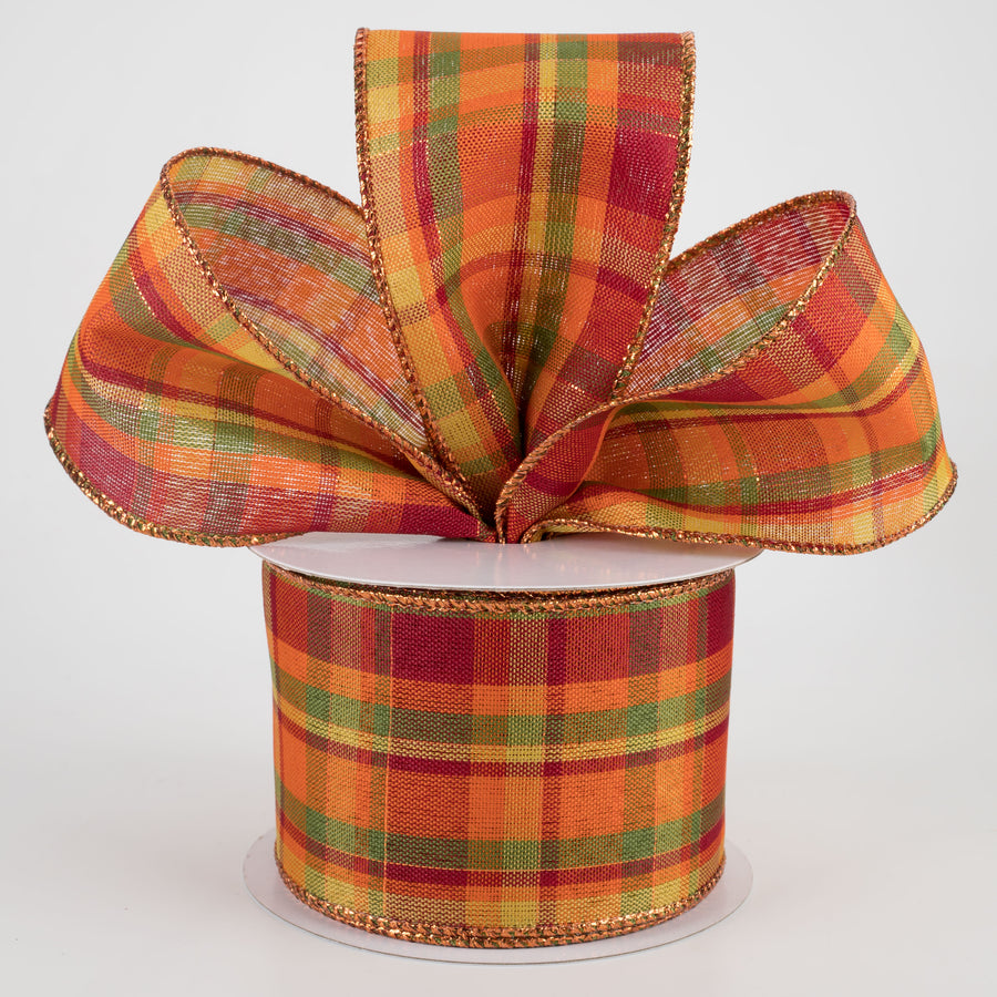 2.5" Woven Plaid With Metallic Thread Ribbon: Burgundy, Orange, Mustard, Green, Copper (10 Yards)