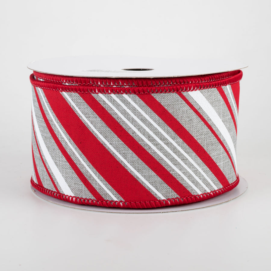 2.5" Peppermint Stripes Ribbon: Light Grey, Red, White (10 Yards)