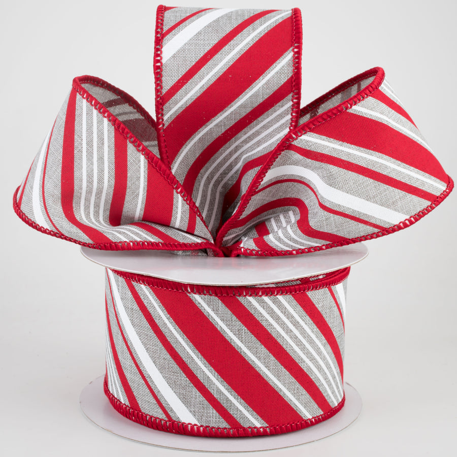 2.5" Peppermint Stripes Ribbon: Light Grey, Red, White (10 Yards)