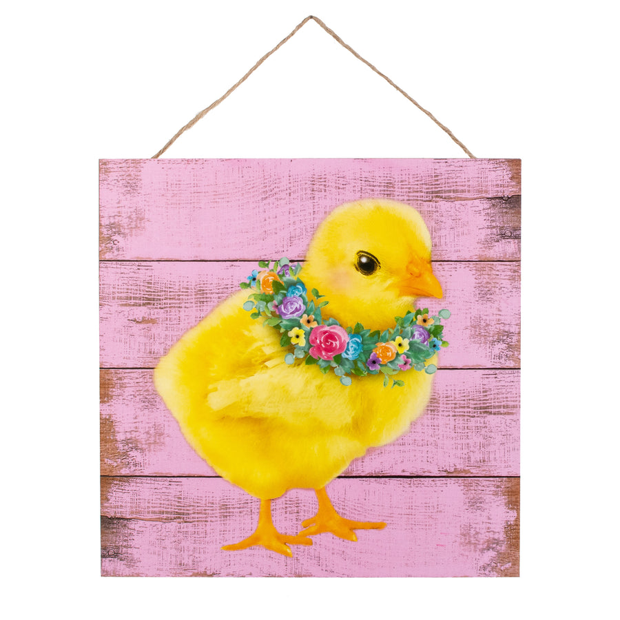 10" Square Wooden Sign: Spring Chick With Floral Wreath