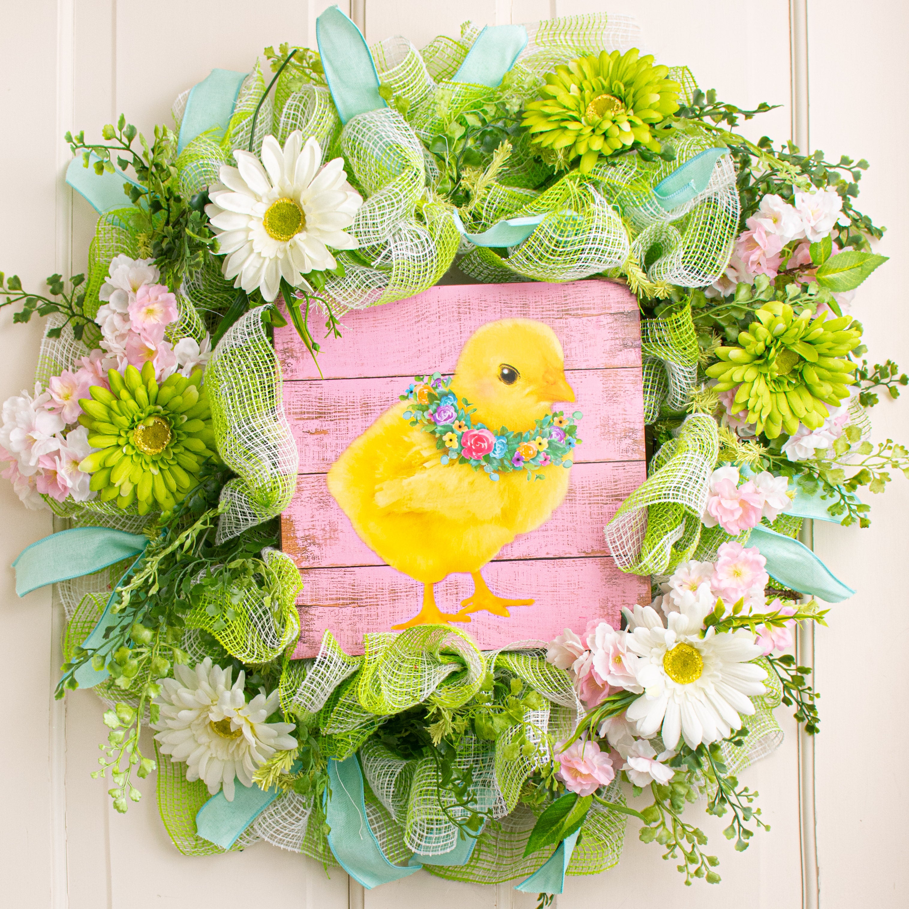 10" Square Wooden Sign: Spring Chick With Floral Wreath