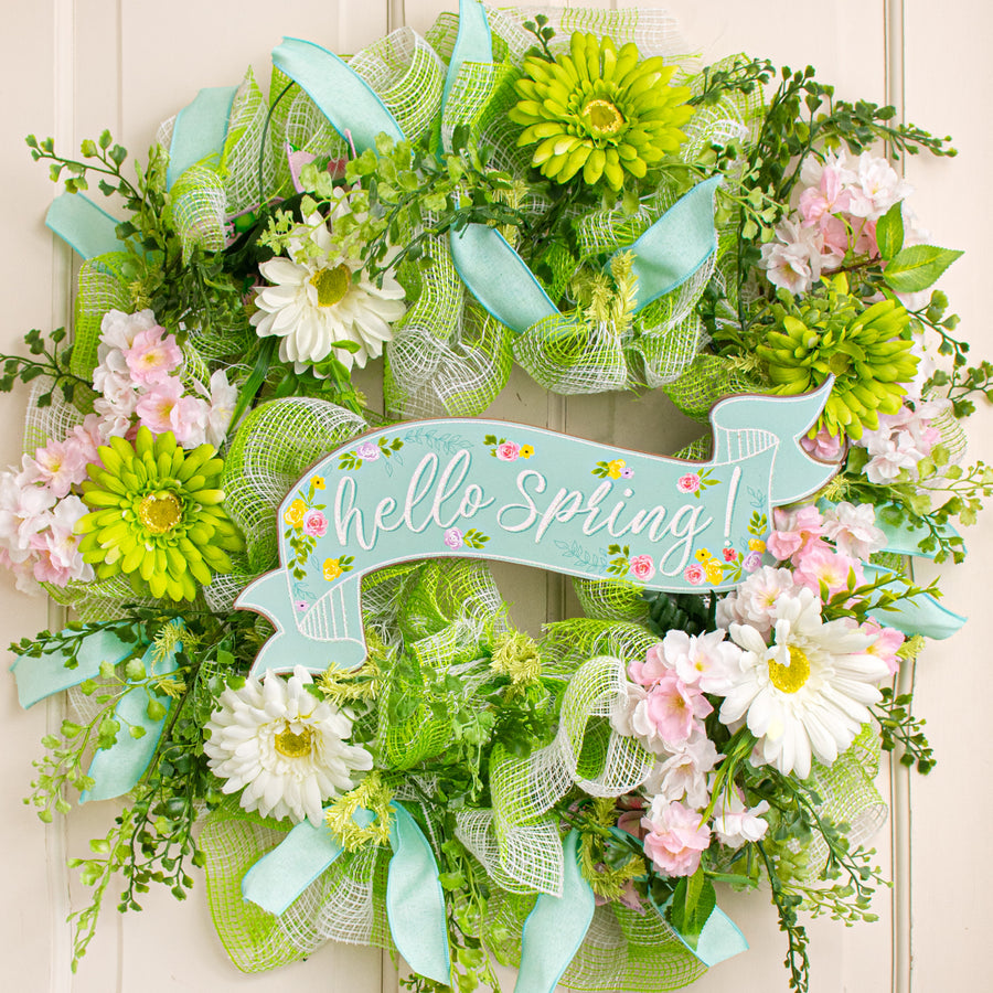 15" Wooden Sign: Hello Spring Banner