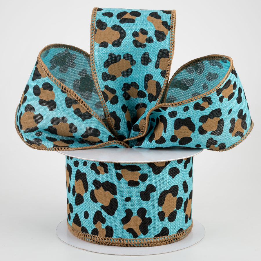2.5" Leopard Print on Royal Ribbon: Light Teal (10 Yards)